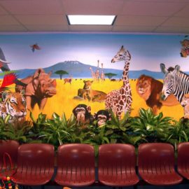 Animal Mural painted in the pediatric waiting room of the South Shore Medical Center in Norwell, Massachusetts by Artists Charles C. Clear III and Bonnie Lee Turner