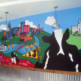 Ben and Jerrys Scoop Shop Mural, 17′ x 6′, 2013, painted in Ben & Jerry’s Scoop Shop, Thayer Street, Providence, RI, by Artists Charles C. Clear III and Bonnie Turner