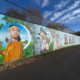 Explore the rich history and vibrant future of East Providence through a stunning 200-foot mural on the Crescent Park Beachfront Wall. Featuring Native heritage, local landmarks, and iconic symbols, this artwork celebrates the city’s cultural resilience and scenic beauty